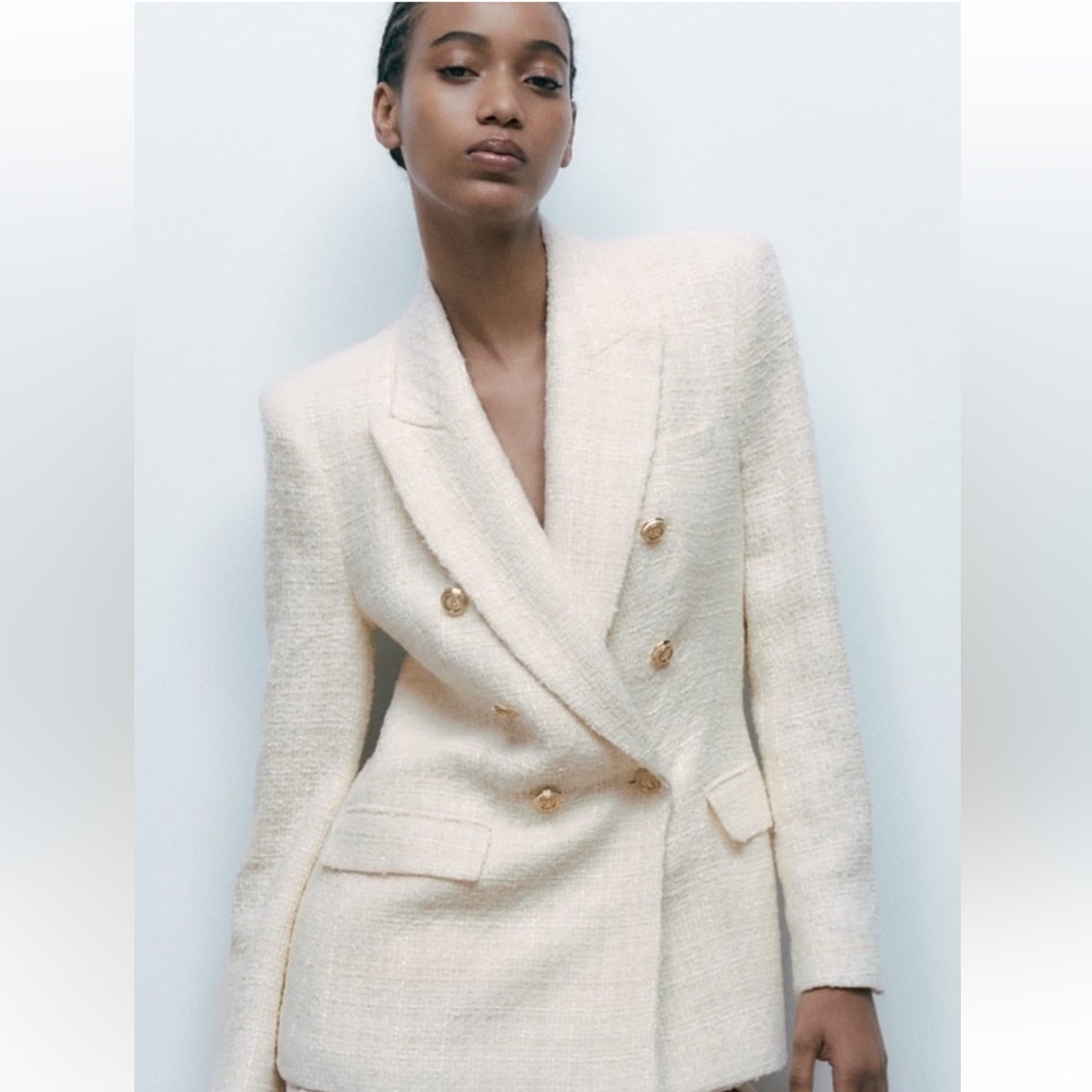 NWT Zara Ivory Tweed Textured Double Breasted Blazer SZ Small